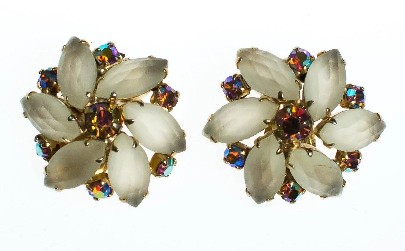 Vintage Champagne Frosted Crystal and Aurora Borealis Rhinestone Flower Statement Earrings, Clip On