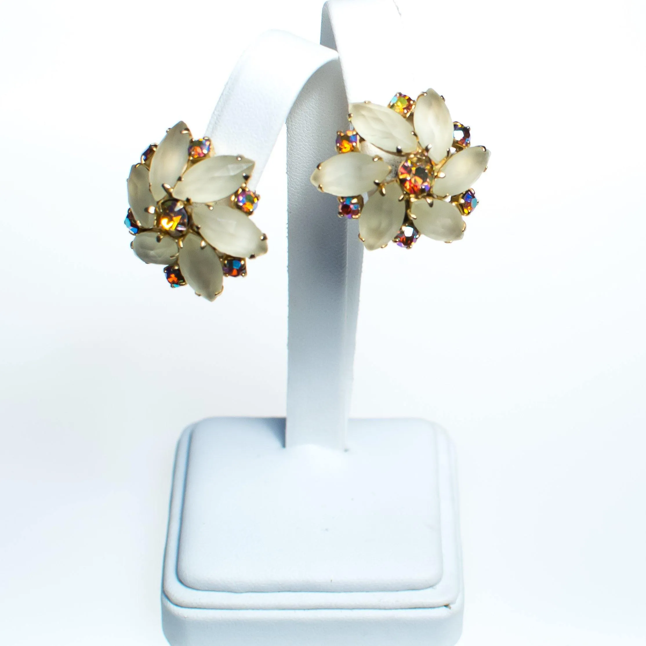 Vintage Champagne Frosted Crystal and Aurora Borealis Rhinestone Flower Statement Earrings, Clip On