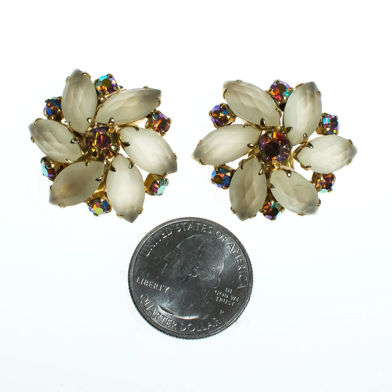 Vintage Champagne Frosted Crystal and Aurora Borealis Rhinestone Flower Statement Earrings, Clip On
