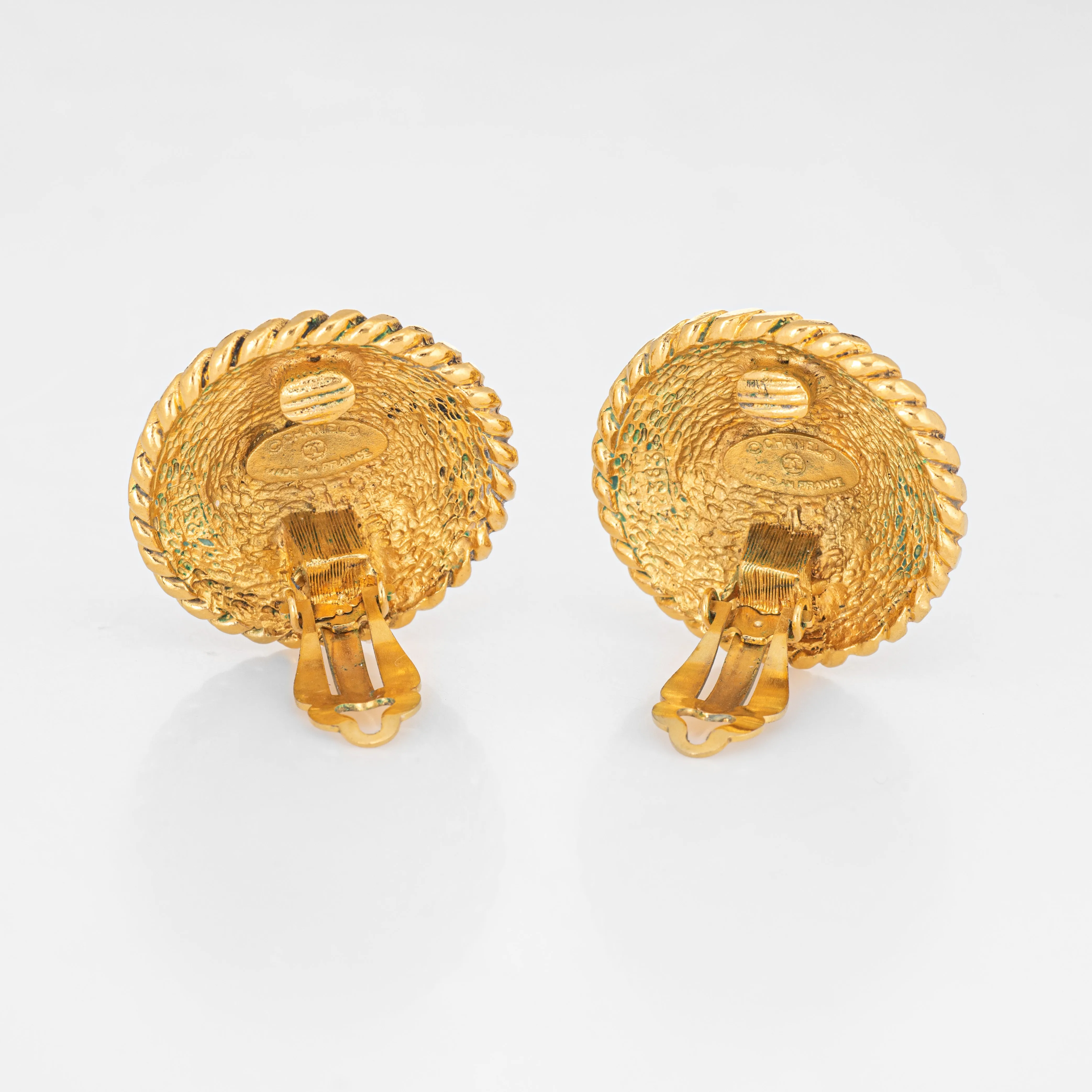 Vintage Chanel 1980s Large CC Logo Round Clip On Earrings Yellow Gold Tone