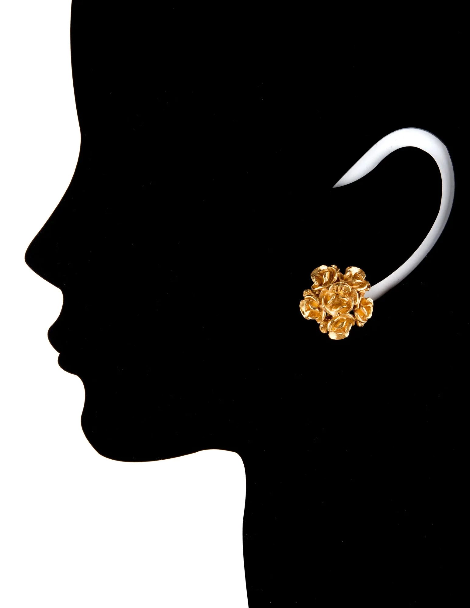Vintage Chanel Camellia Earrings Round Clip Yellow Gold Tone Circa 1999