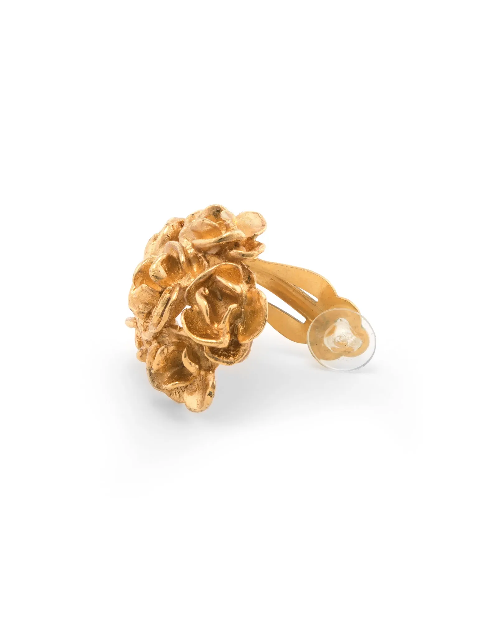 Vintage Chanel Camellia Earrings Round Clip Yellow Gold Tone Circa 1999