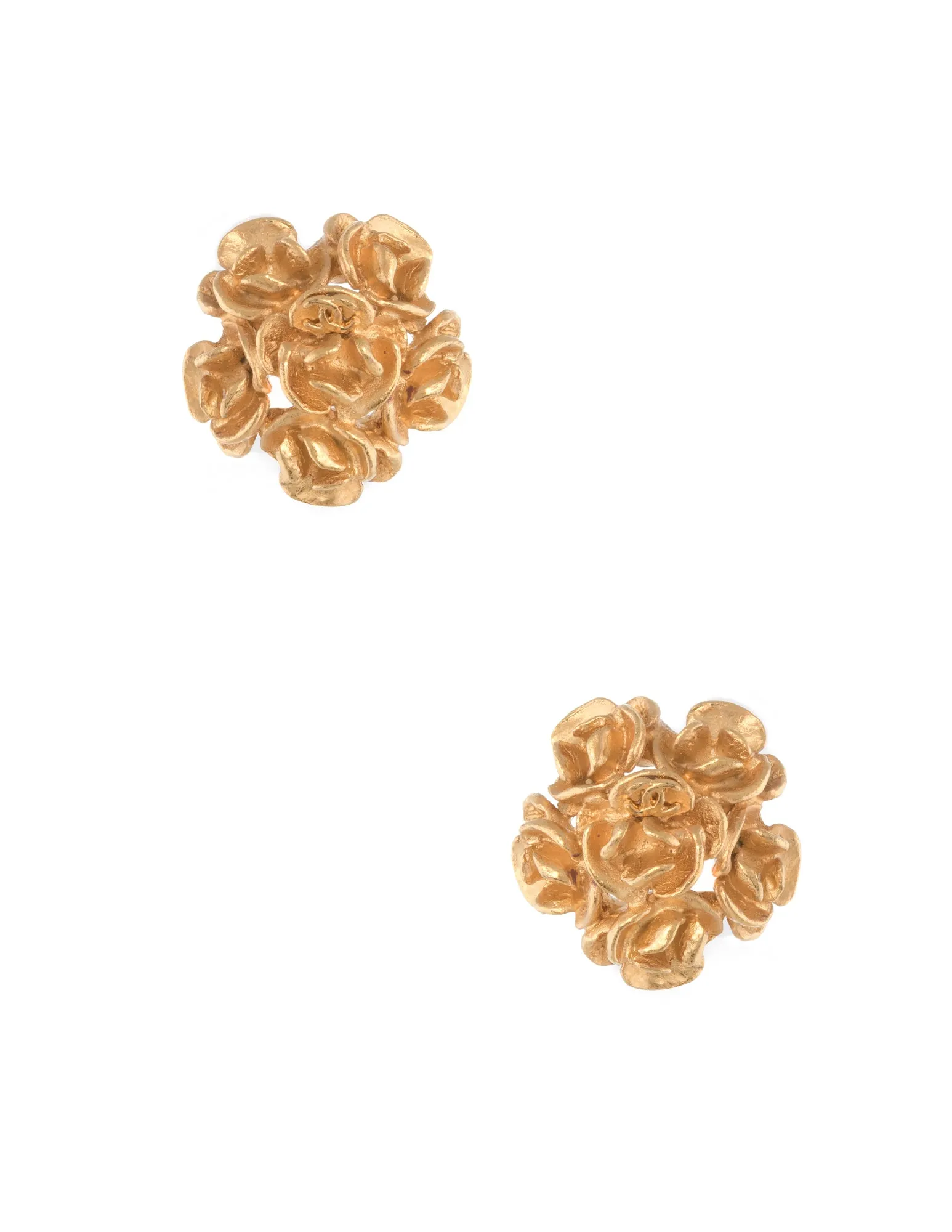 Vintage Chanel Camellia Earrings Round Clip Yellow Gold Tone Circa 1999