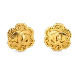 Vintage Chanel Earrings Circa 1996 CC Logo Flower Clip On Yellow Gold Tone