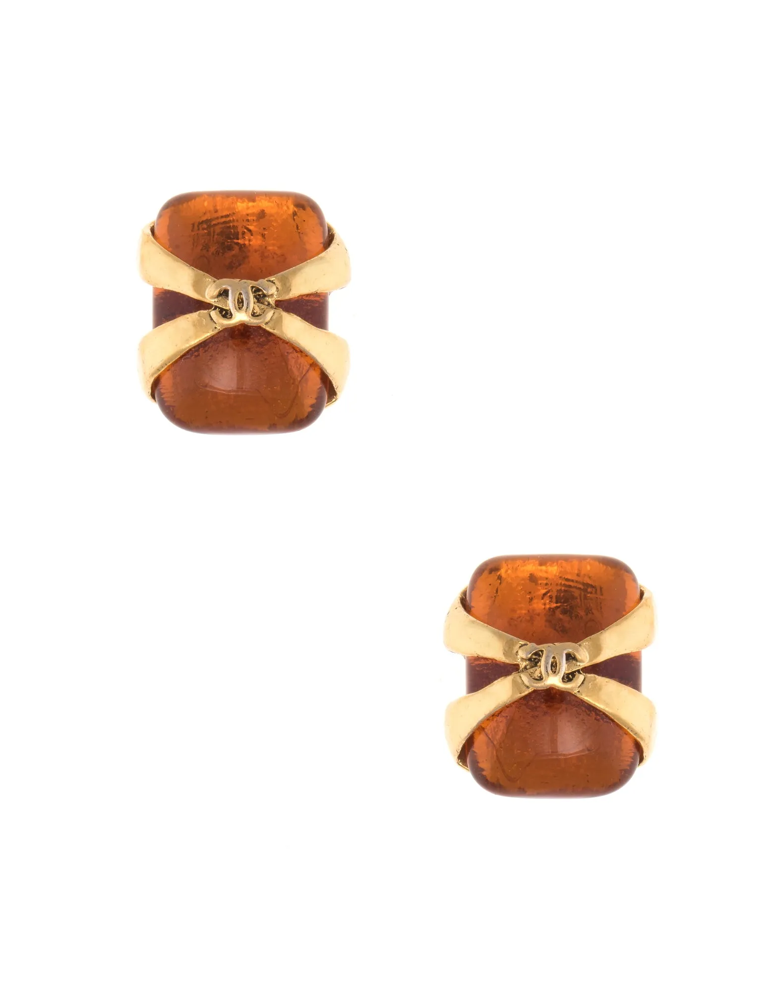 Vintage Chanel Faux Amber Earrings Circa 1994 Spring Square Yellow Gold Tone