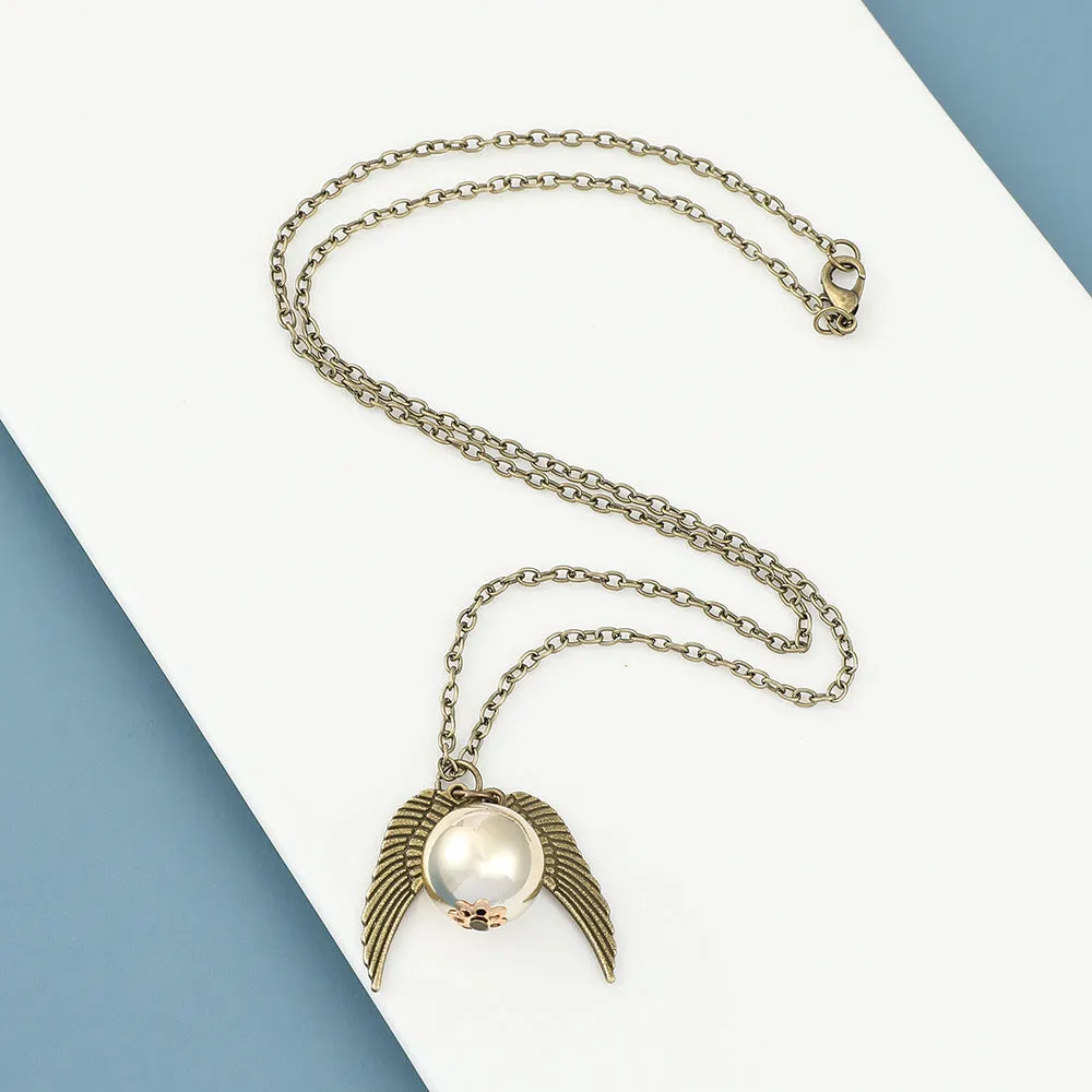 Vintage College Golden Snitch Feather Wings Pendant Necklace