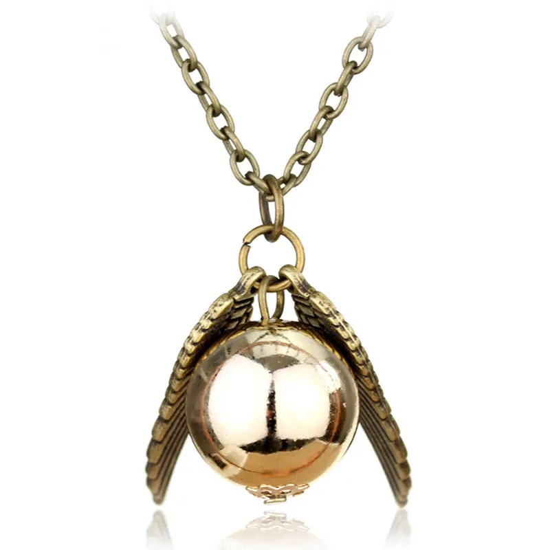 Vintage College Golden Snitch Feather Wings Pendant Necklace