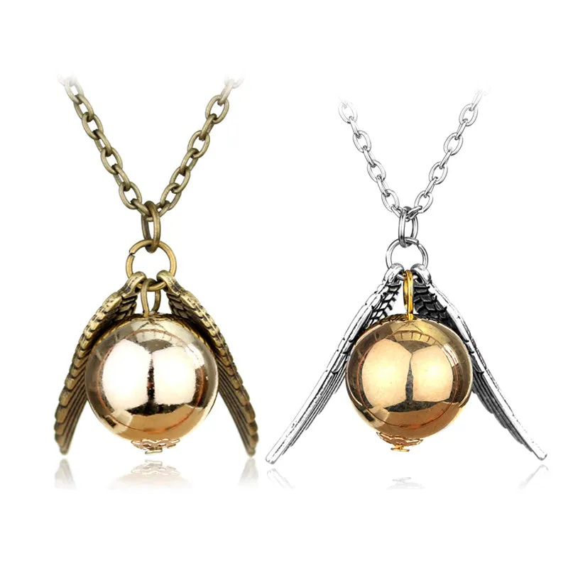 Vintage College Golden Snitch Feather Wings Pendant Necklace