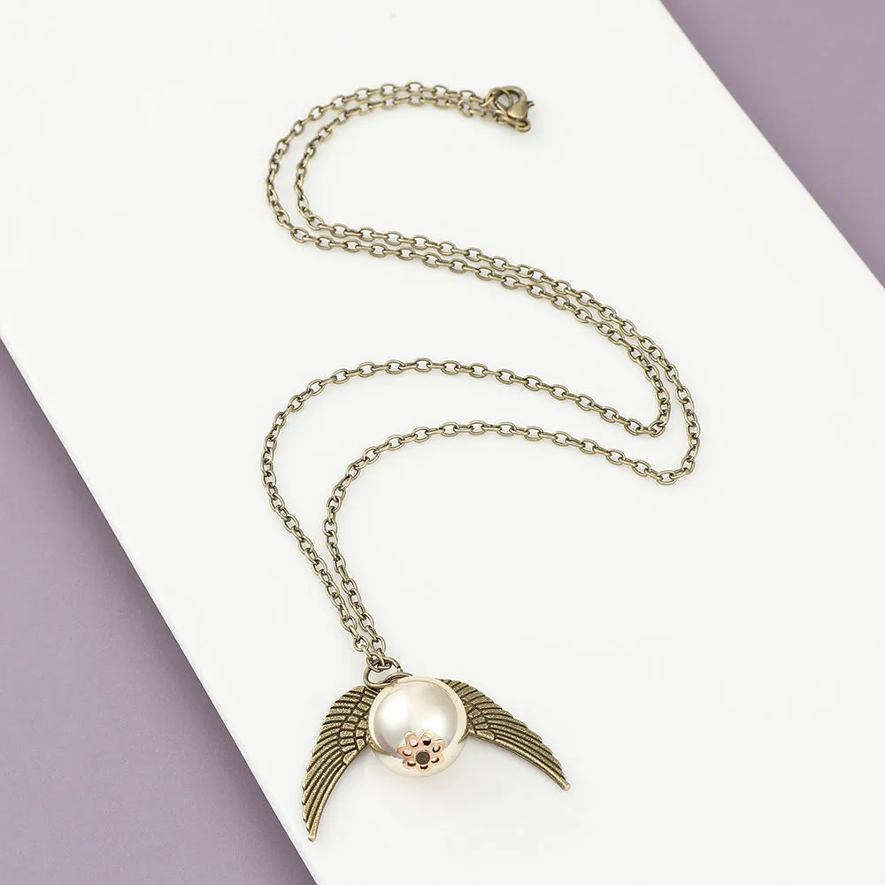 Vintage College Golden Snitch Feather Wings Pendant Necklace