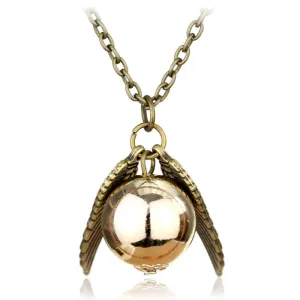 Vintage College Golden Snitch Feather Wings Pendant Necklace