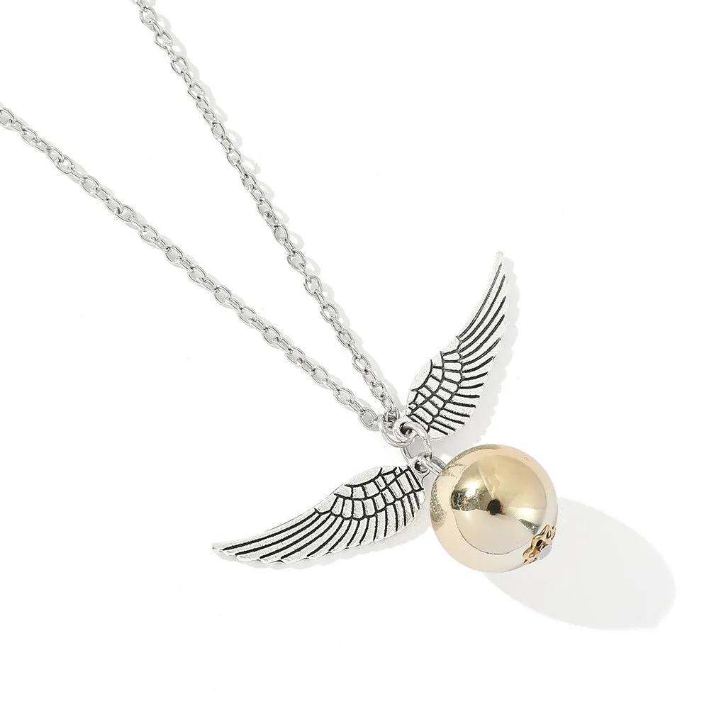Vintage College Golden Snitch Feather Wings Pendant Necklace