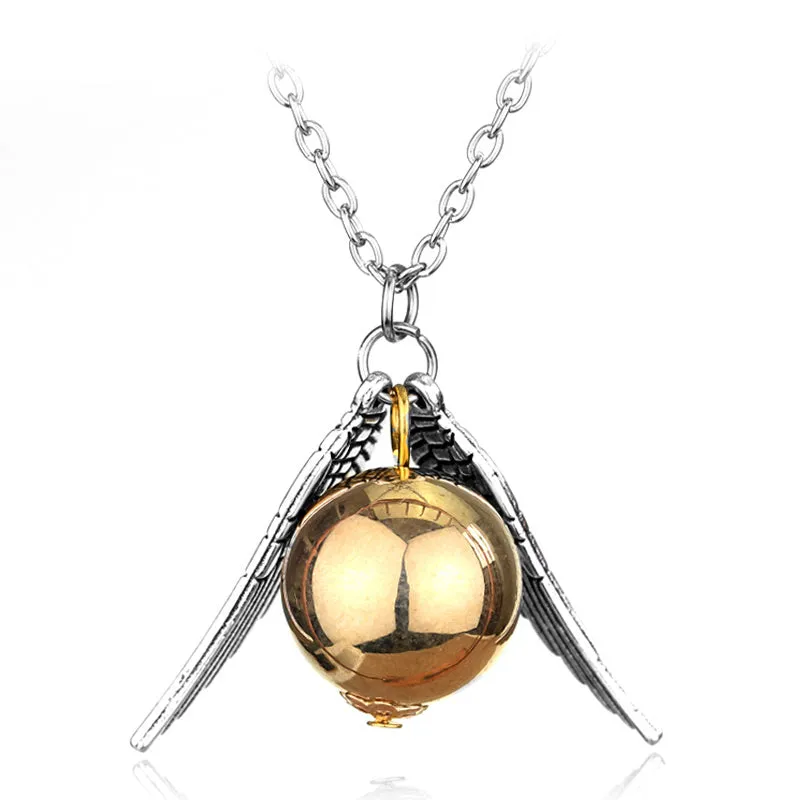 Vintage College Golden Snitch Feather Wings Pendant Necklace