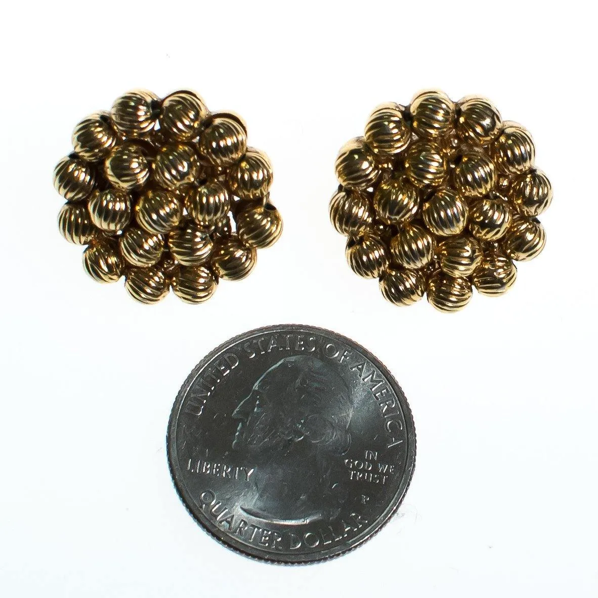 Vintage Crown Trifari Gold Bead Button Earrings, Clip On