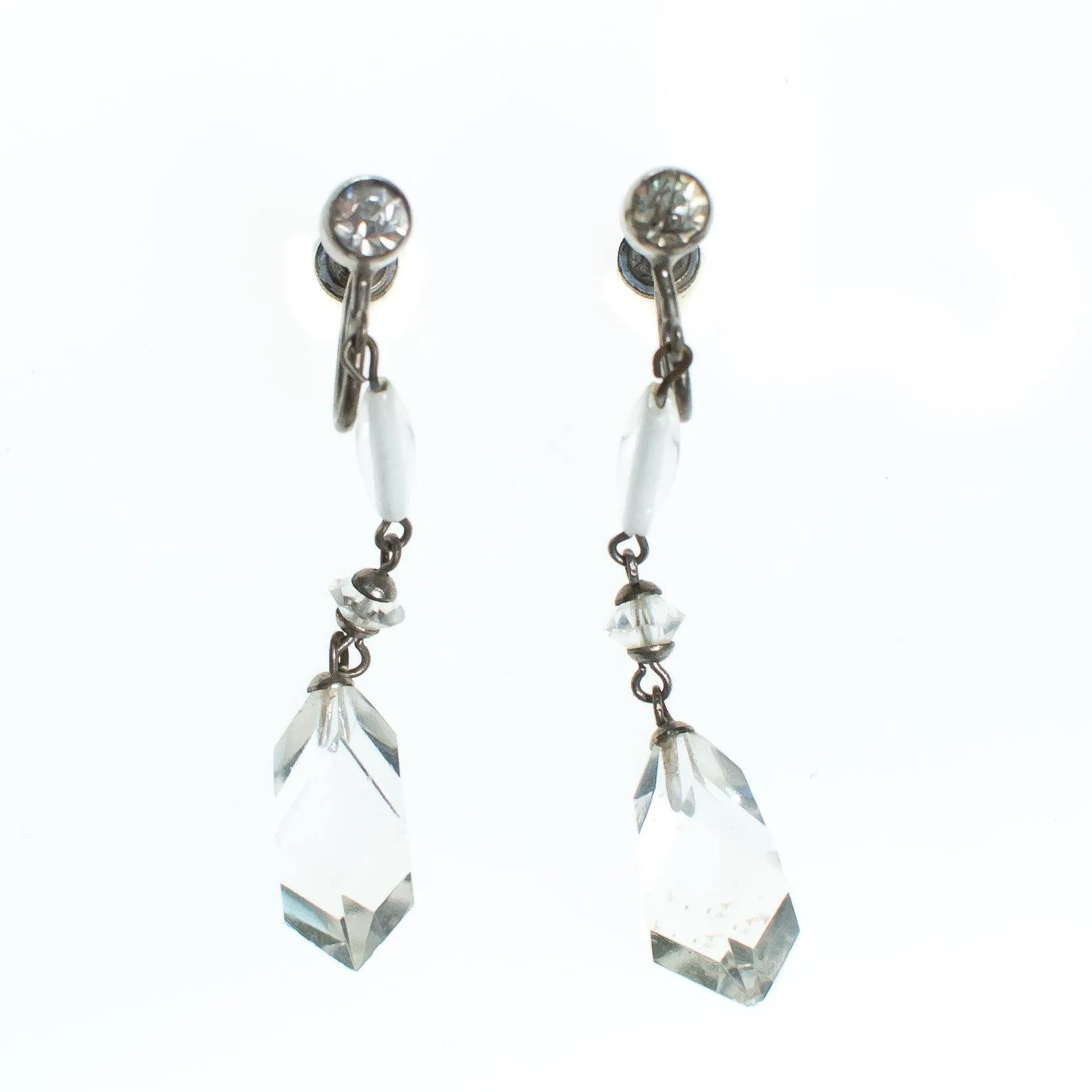 Vintage Czech Art Deco Faceted Crystal Dangling Drop Earrings