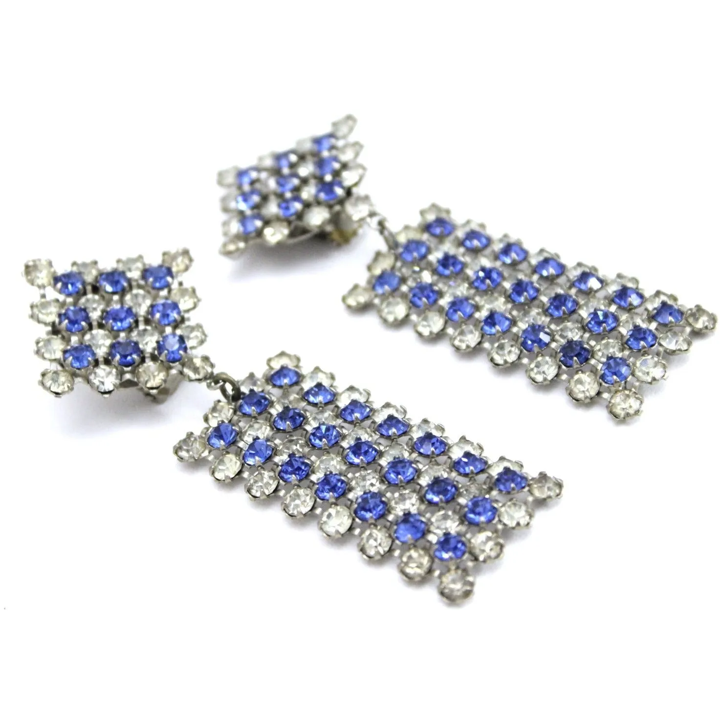 Vintage Earrings  Statement Blue Clear Stepped Rhinestones Clip Back White Metal 3.5"