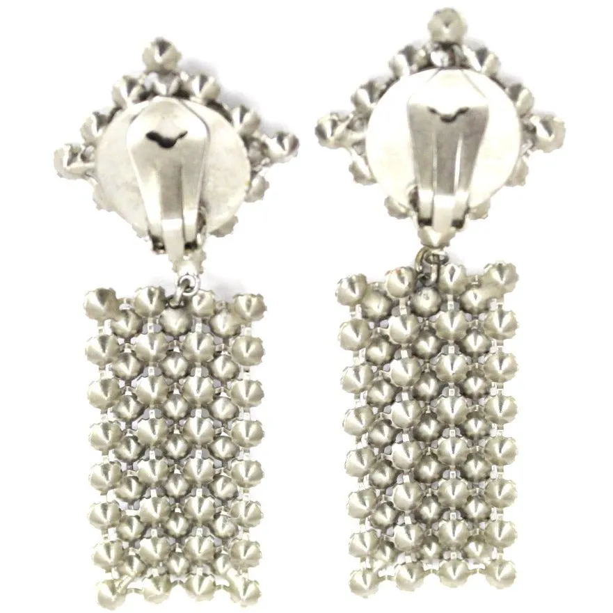 Vintage Earrings  Statement Blue Clear Stepped Rhinestones Clip Back White Metal 3.5"
