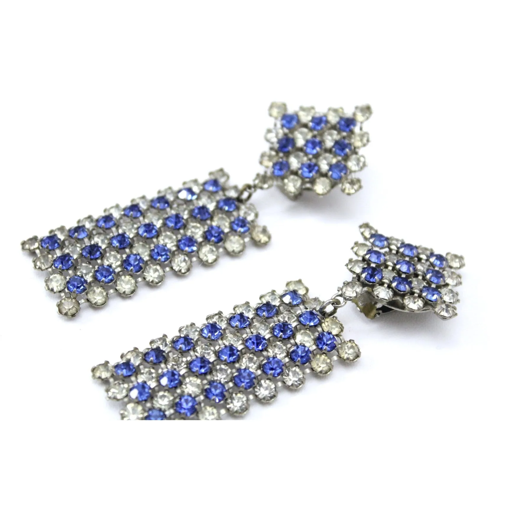 Vintage Earrings  Statement Blue Clear Stepped Rhinestones Clip Back White Metal 3.5"