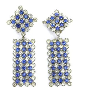 Vintage Earrings  Statement Blue Clear Stepped Rhinestones Clip Back White Metal 3.5"