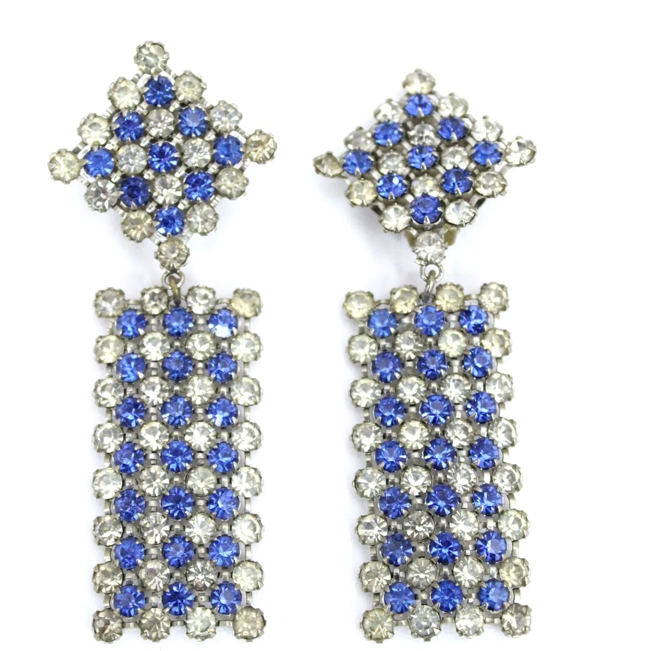 Vintage Earrings  Statement Blue Clear Stepped Rhinestones Clip Back White Metal 3.5"
