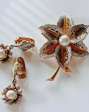 Vintage Gold and Pearl Floral Brooch and Earrings