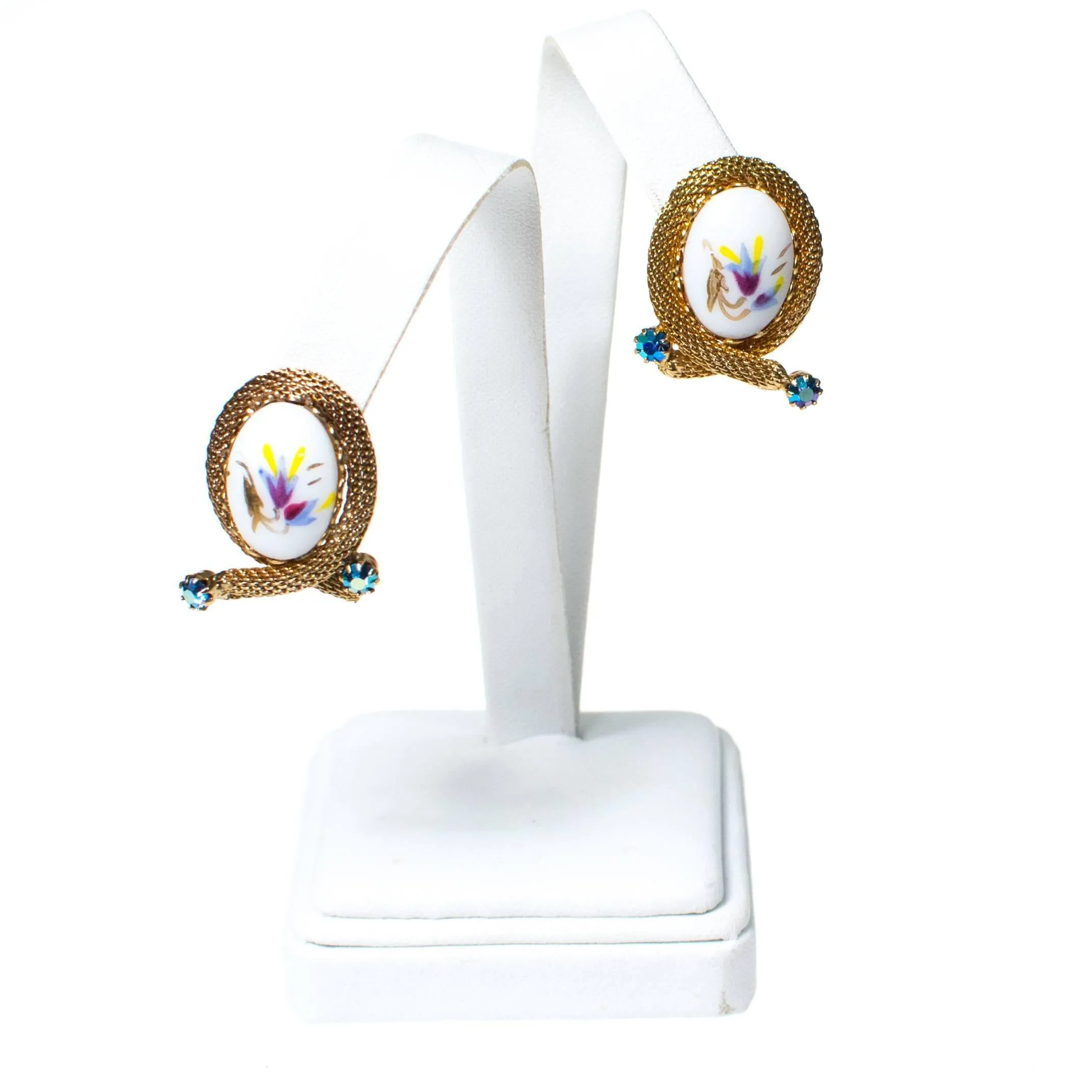 Vintage Hand Painted Porcelain Floral Earrings, White and Gold Tone with Rhinestones, Clip On