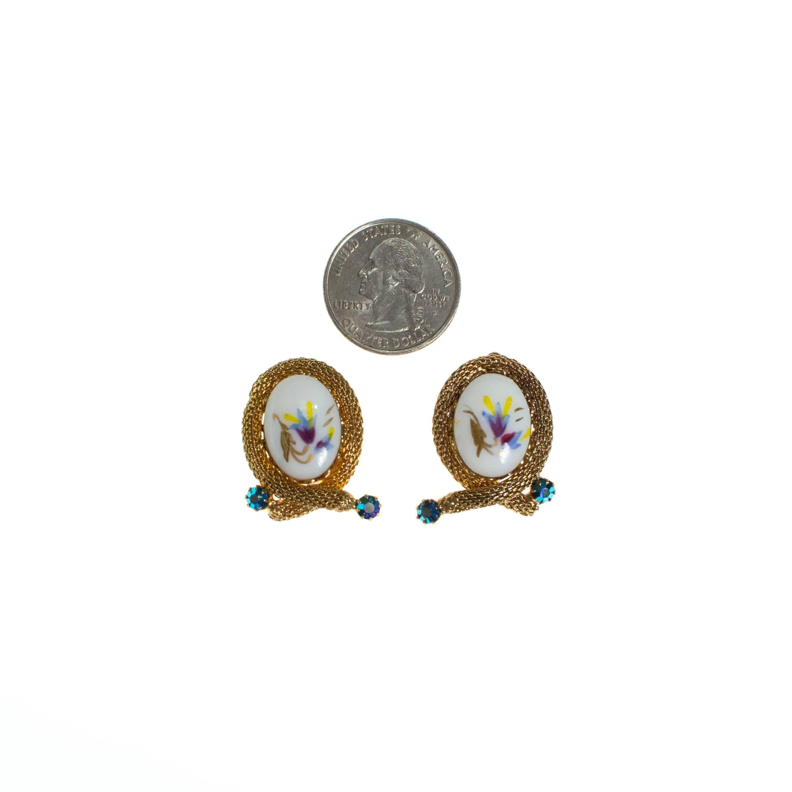 Vintage Hand Painted Porcelain Floral Earrings, White and Gold Tone with Rhinestones, Clip On