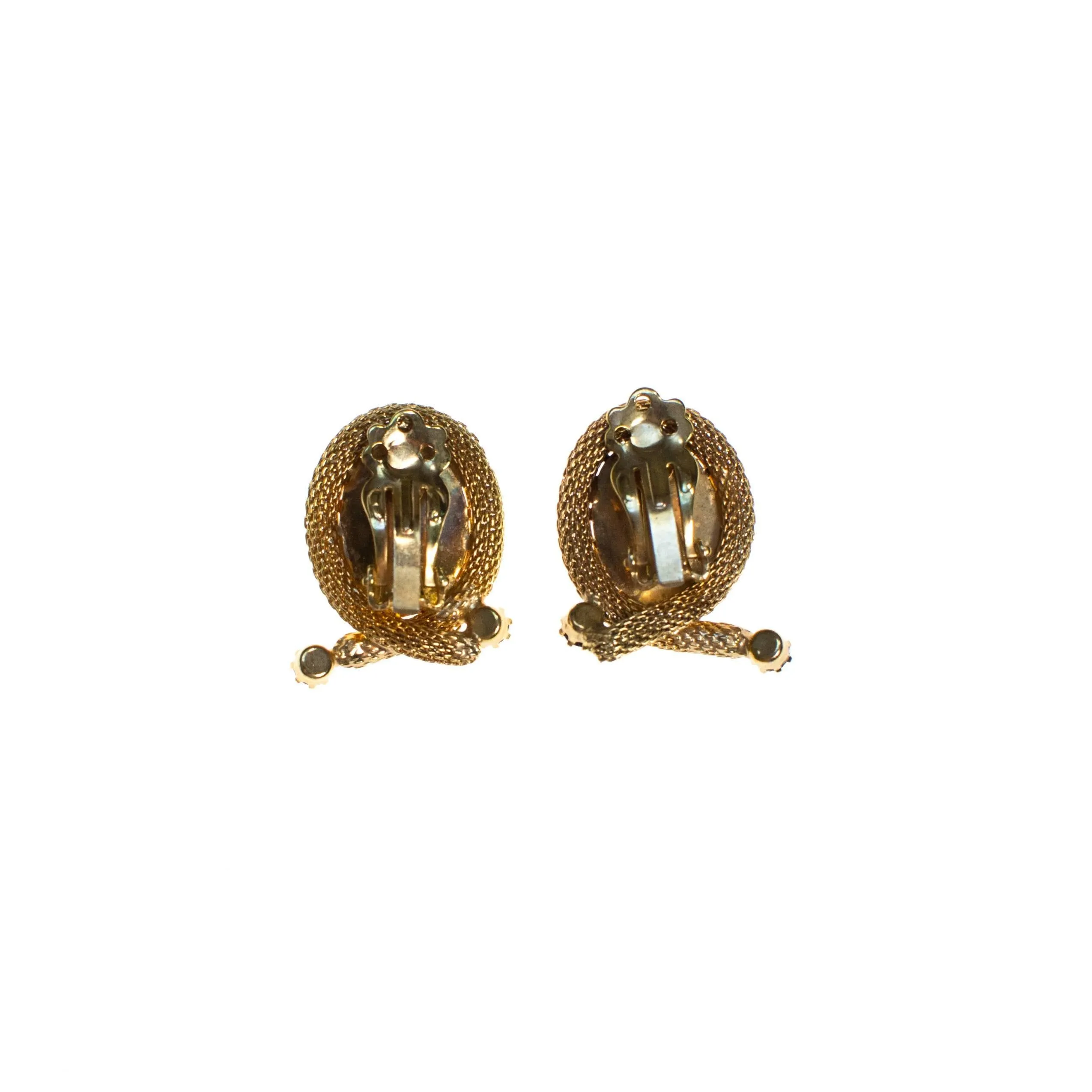 Vintage Hand Painted Porcelain Floral Earrings, White and Gold Tone with Rhinestones, Clip On