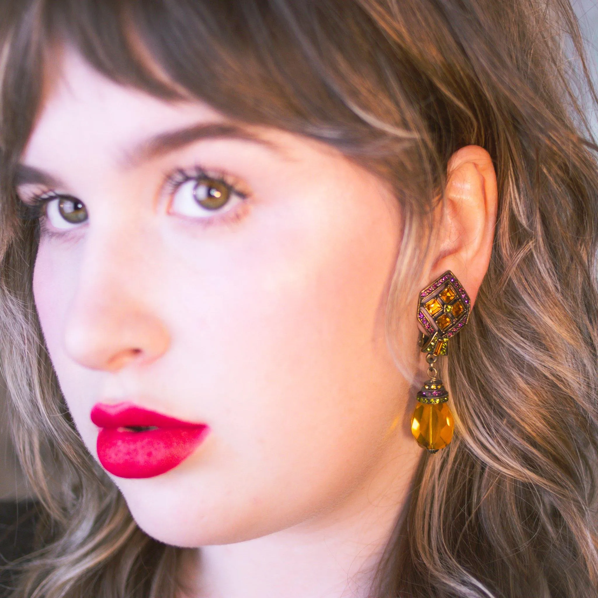 Vintage Heidi Daus Art Deco Style Citrine Crystal Drop Earrings with Amethyst, and Peridot Crystal Accents, Clip On