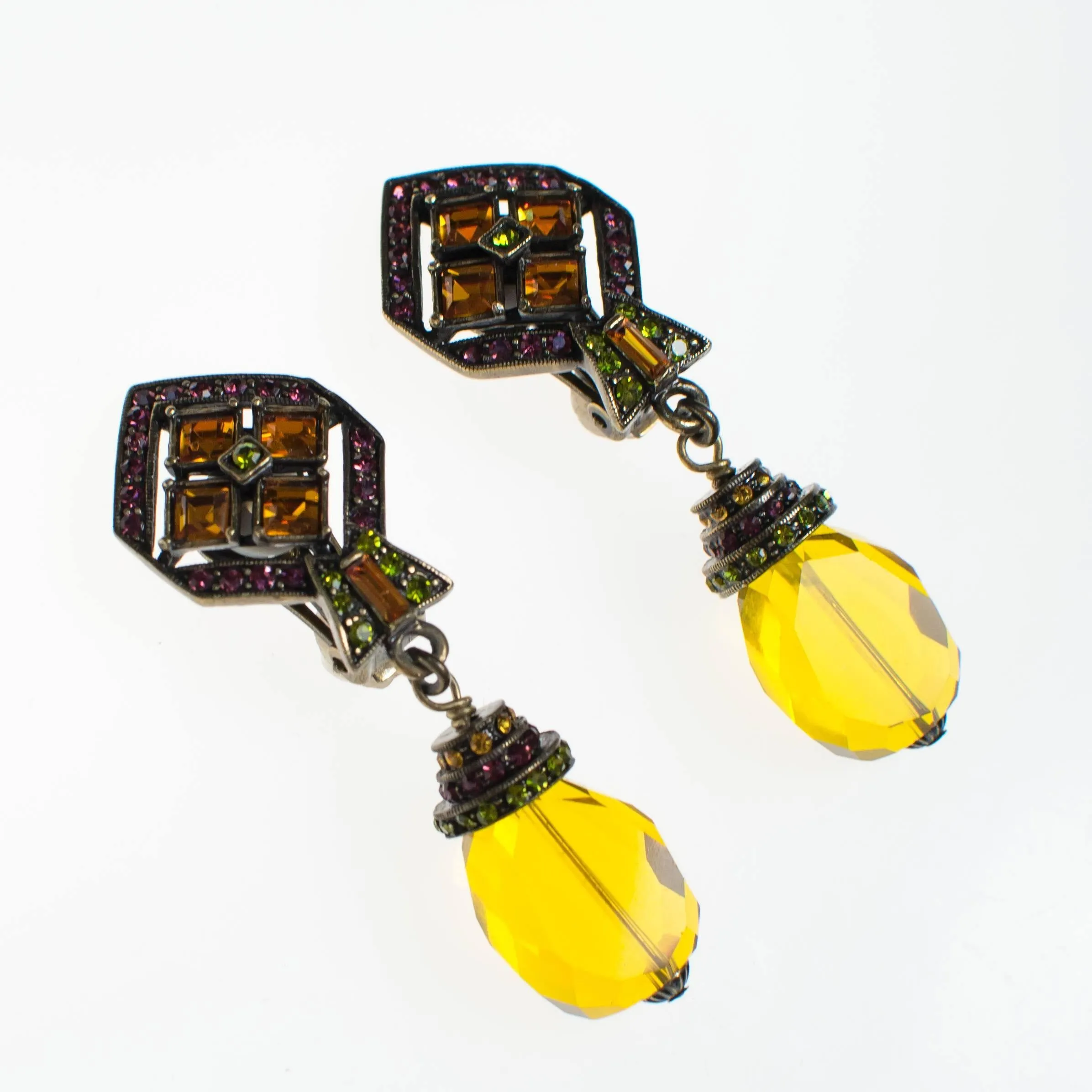 Vintage Heidi Daus Art Deco Style Citrine Crystal Drop Earrings with Amethyst, and Peridot Crystal Accents, Clip On