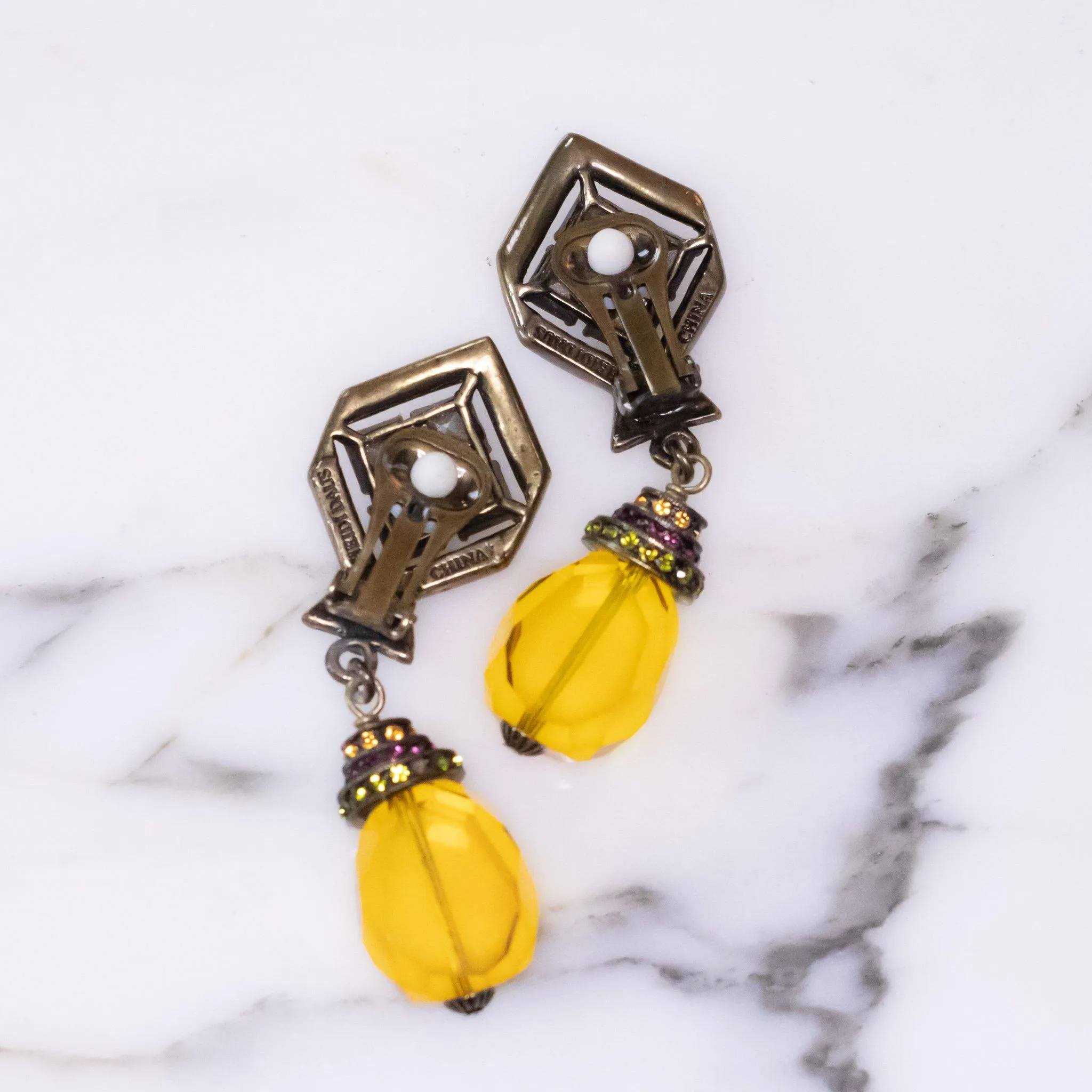 Vintage Heidi Daus Art Deco Style Citrine Crystal Drop Earrings with Amethyst, and Peridot Crystal Accents, Clip On
