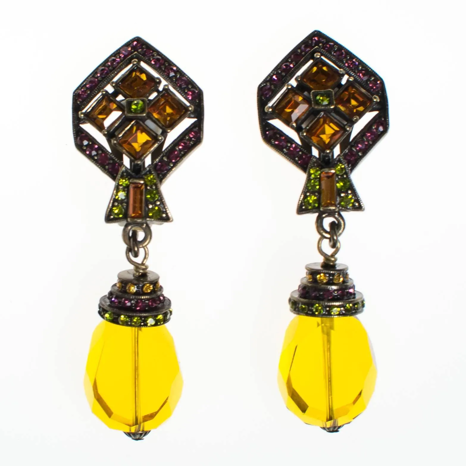 Vintage Heidi Daus Art Deco Style Citrine Crystal Drop Earrings with Amethyst, and Peridot Crystal Accents, Clip On