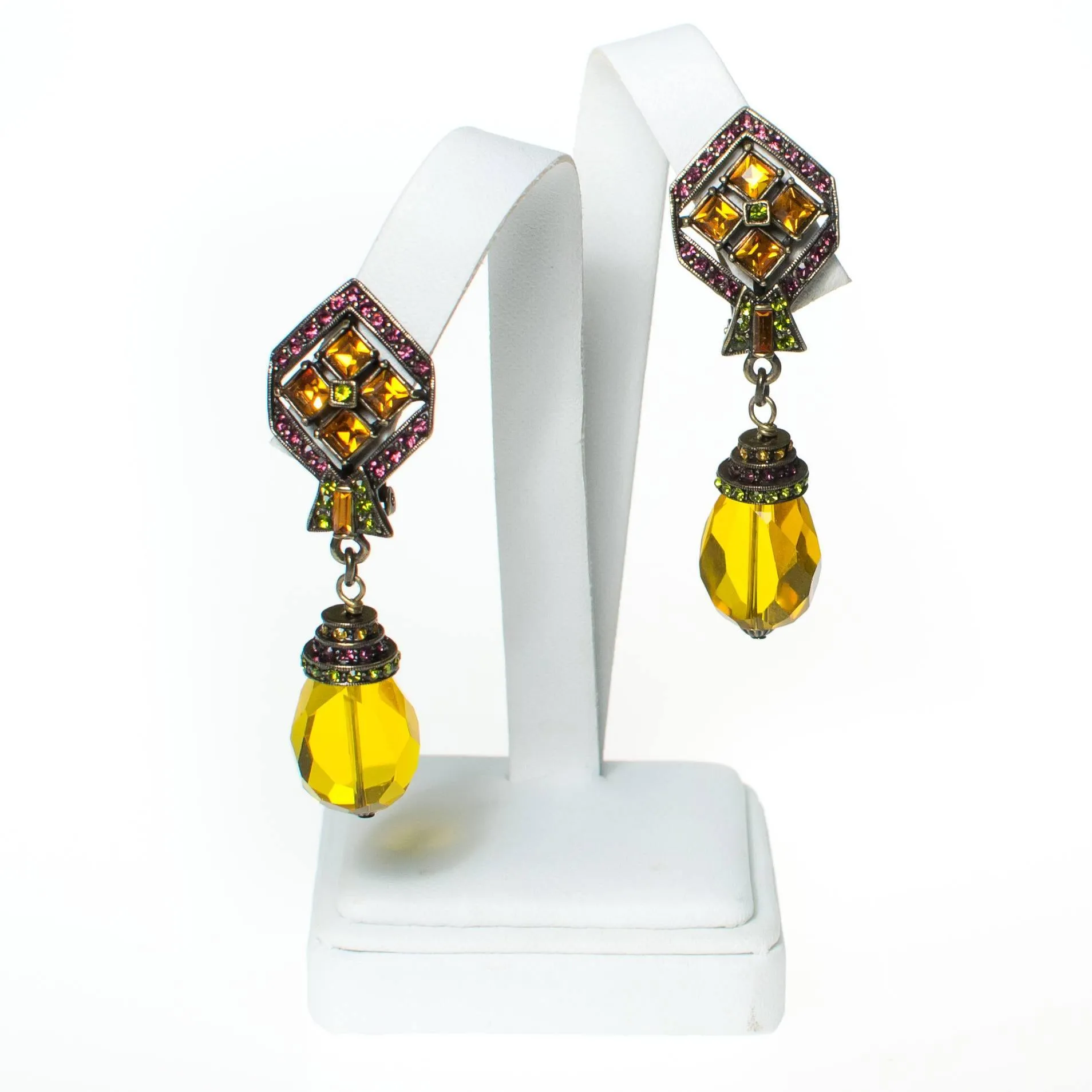 Vintage Heidi Daus Art Deco Style Citrine Crystal Drop Earrings with Amethyst, and Peridot Crystal Accents, Clip On