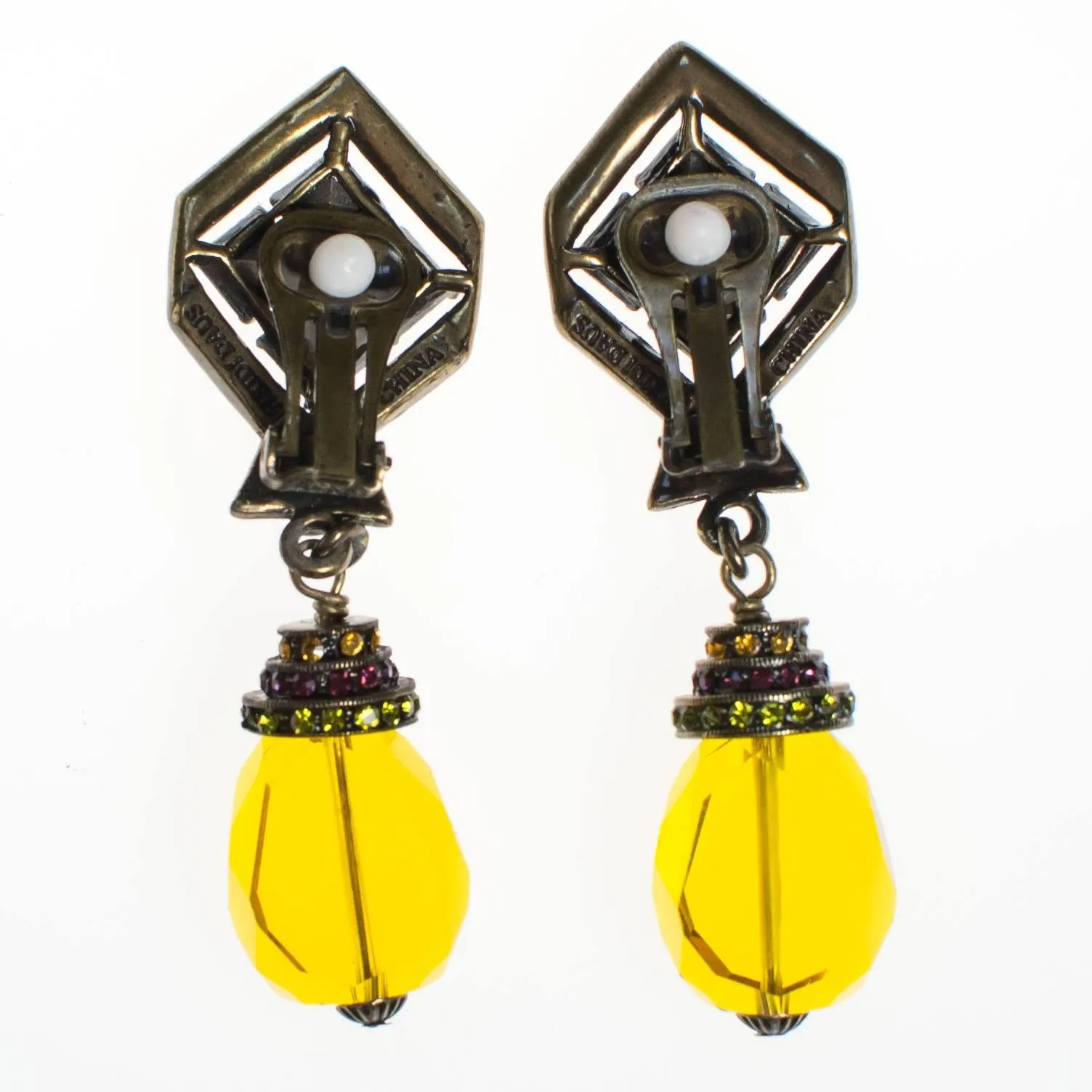 Vintage Heidi Daus Art Deco Style Citrine Crystal Drop Earrings with Amethyst, and Peridot Crystal Accents, Clip On