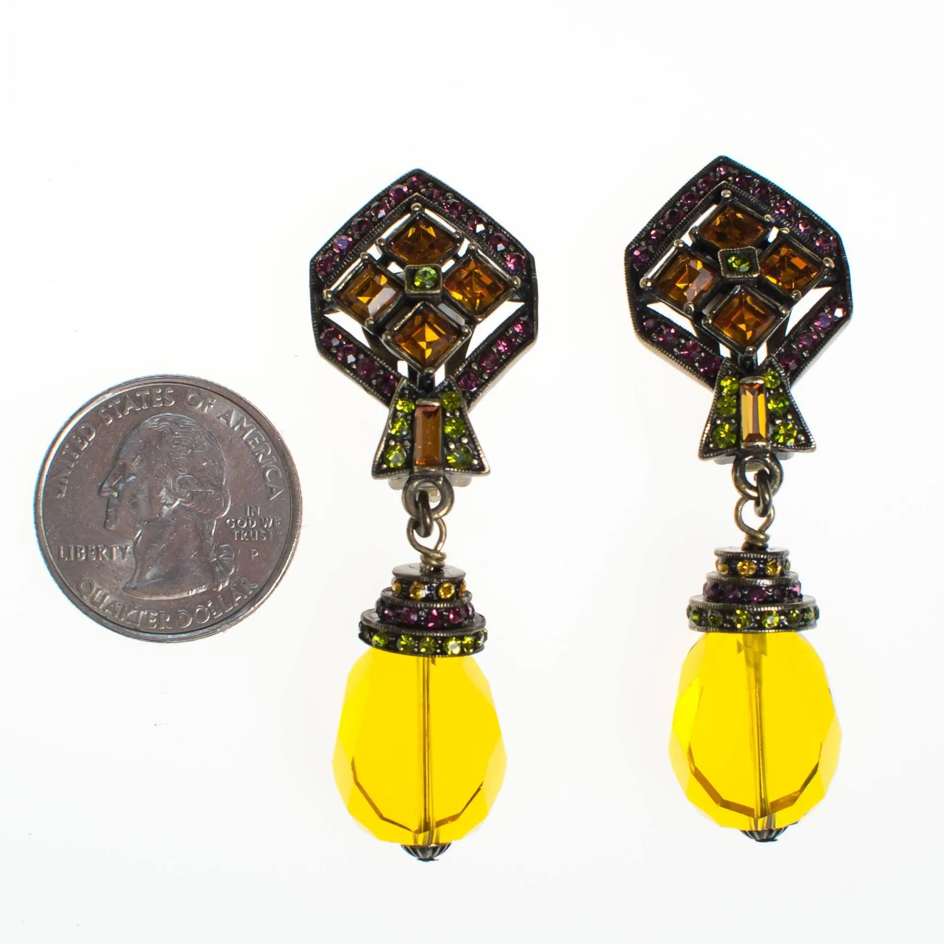Vintage Heidi Daus Art Deco Style Citrine Crystal Drop Earrings with Amethyst, and Peridot Crystal Accents, Clip On