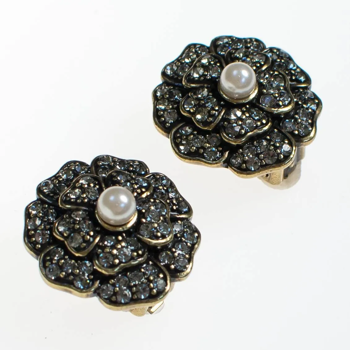 Vintage Heidi Daus Black Diamond Crystal and Pearl Flower Earrings, Clip On