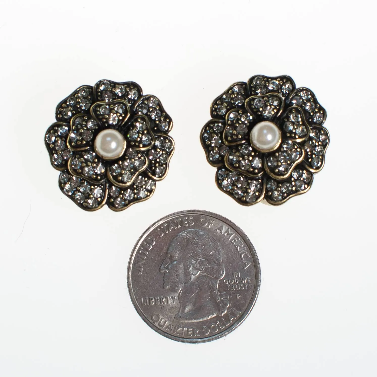 Vintage Heidi Daus Black Diamond Crystal and Pearl Flower Earrings, Clip On