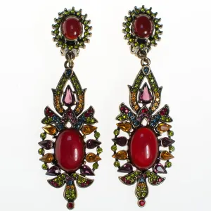 Vintage Heidi Daus Carnelian Cabochon and Colorful Crystal Statement Earrings, Long, Dramatic, Clip On