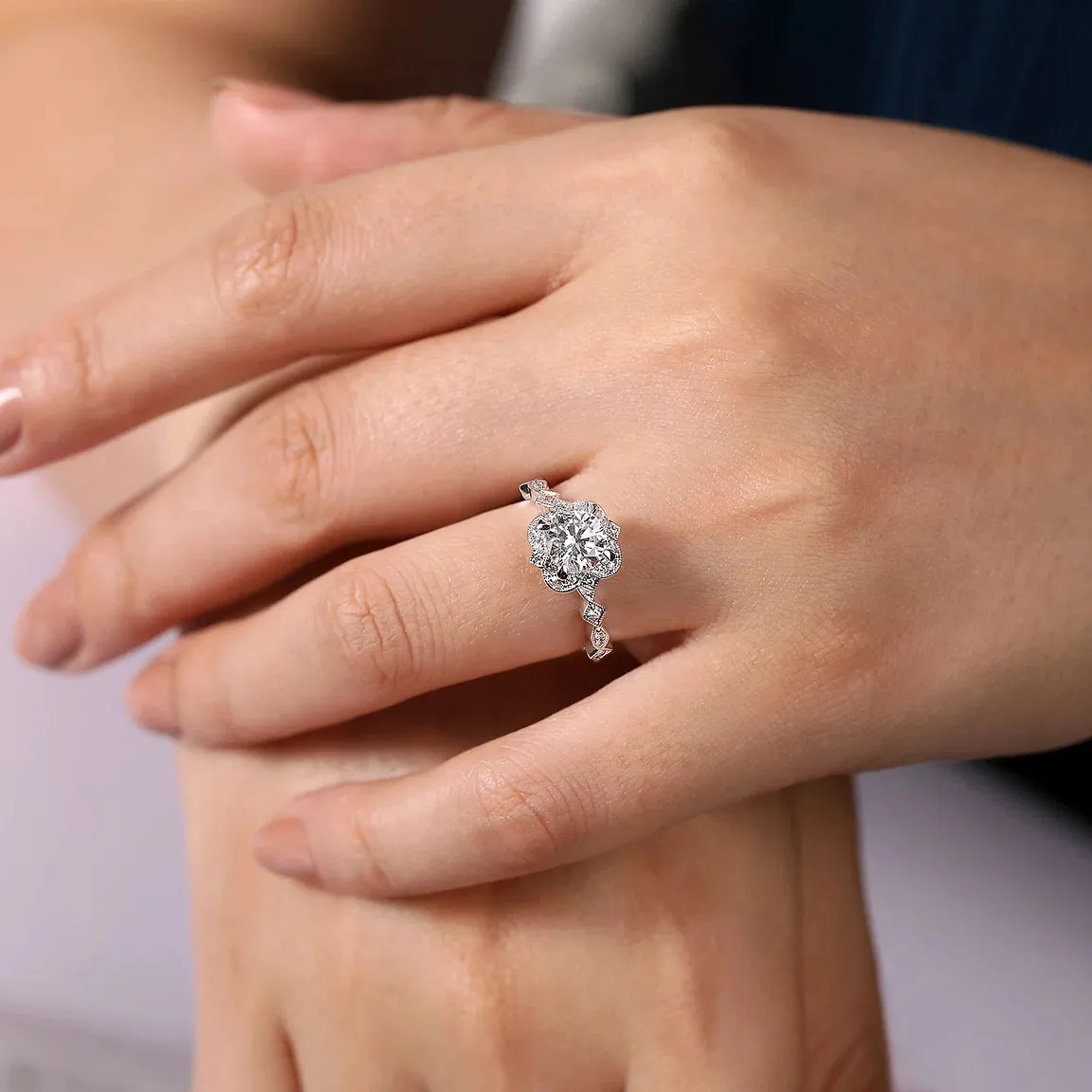 Vintage Inspired Fancy Halo Round Diamond Engagement Ring Mounting