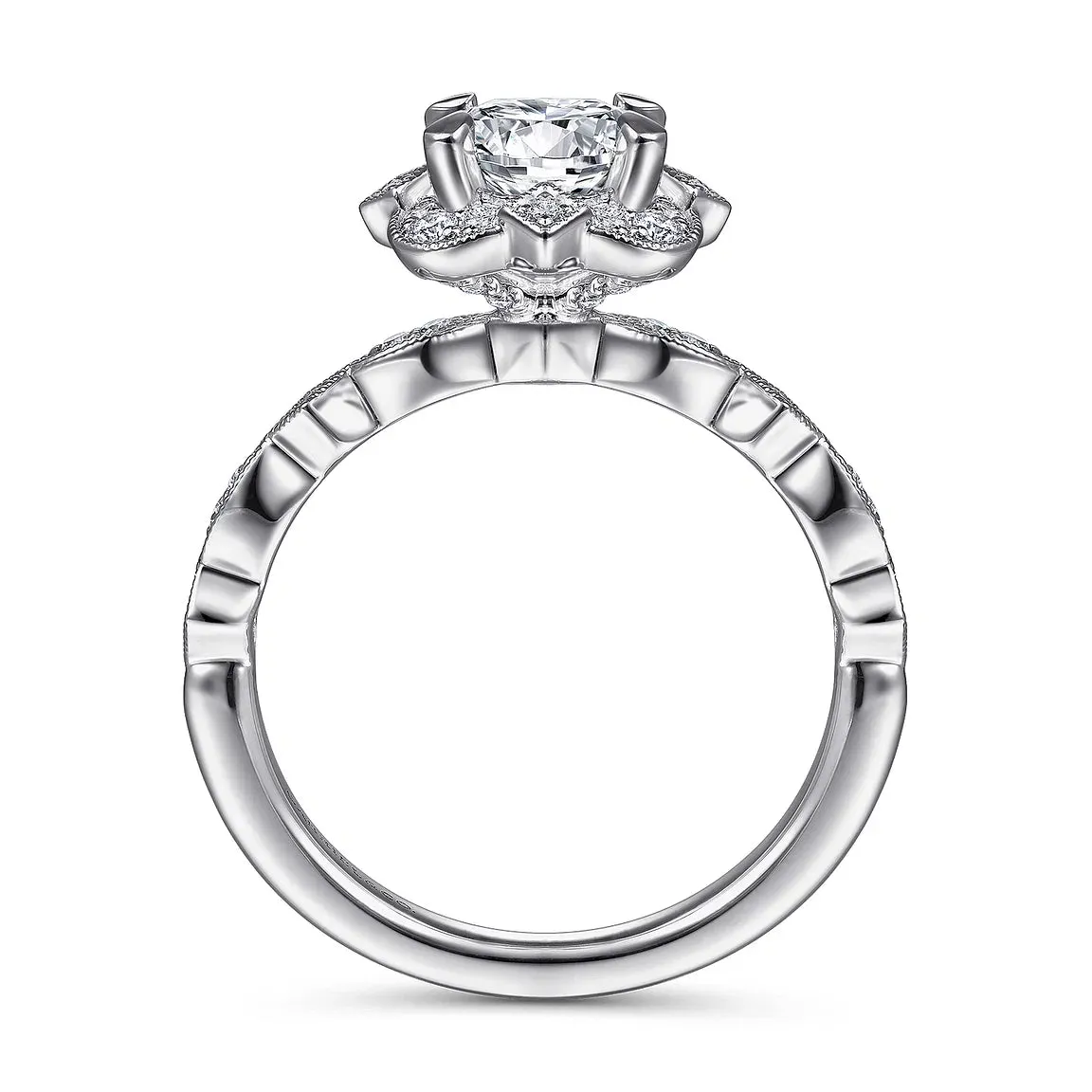 Vintage Inspired Fancy Halo Round Diamond Engagement Ring Mounting