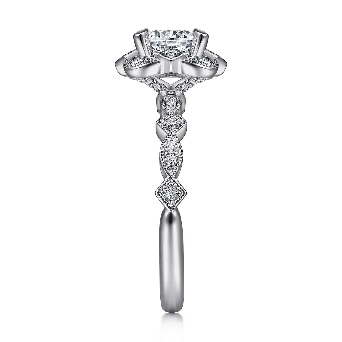 Vintage Inspired Fancy Halo Round Diamond Engagement Ring Mounting