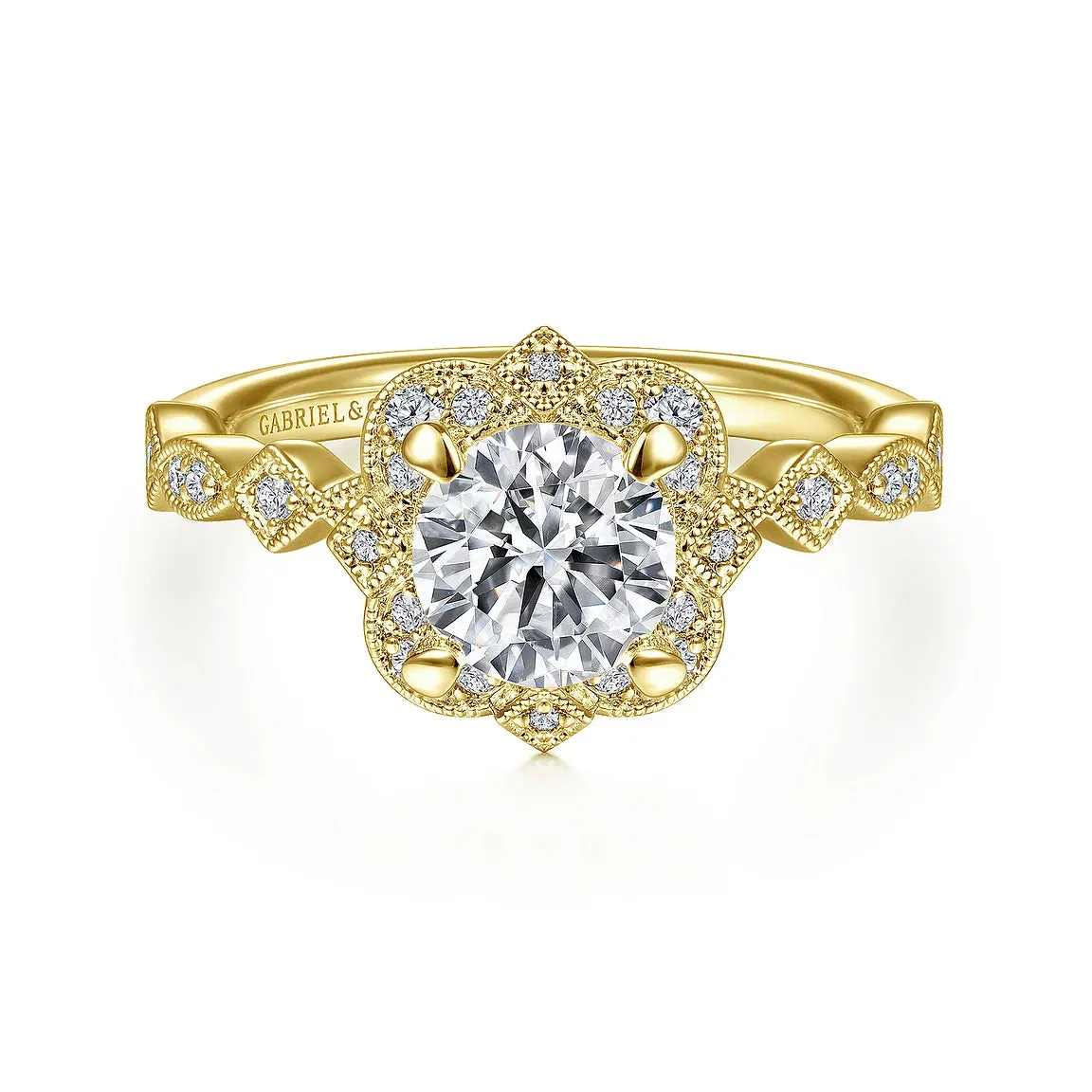 Vintage Inspired Fancy Halo Round Diamond Engagement Ring Mounting