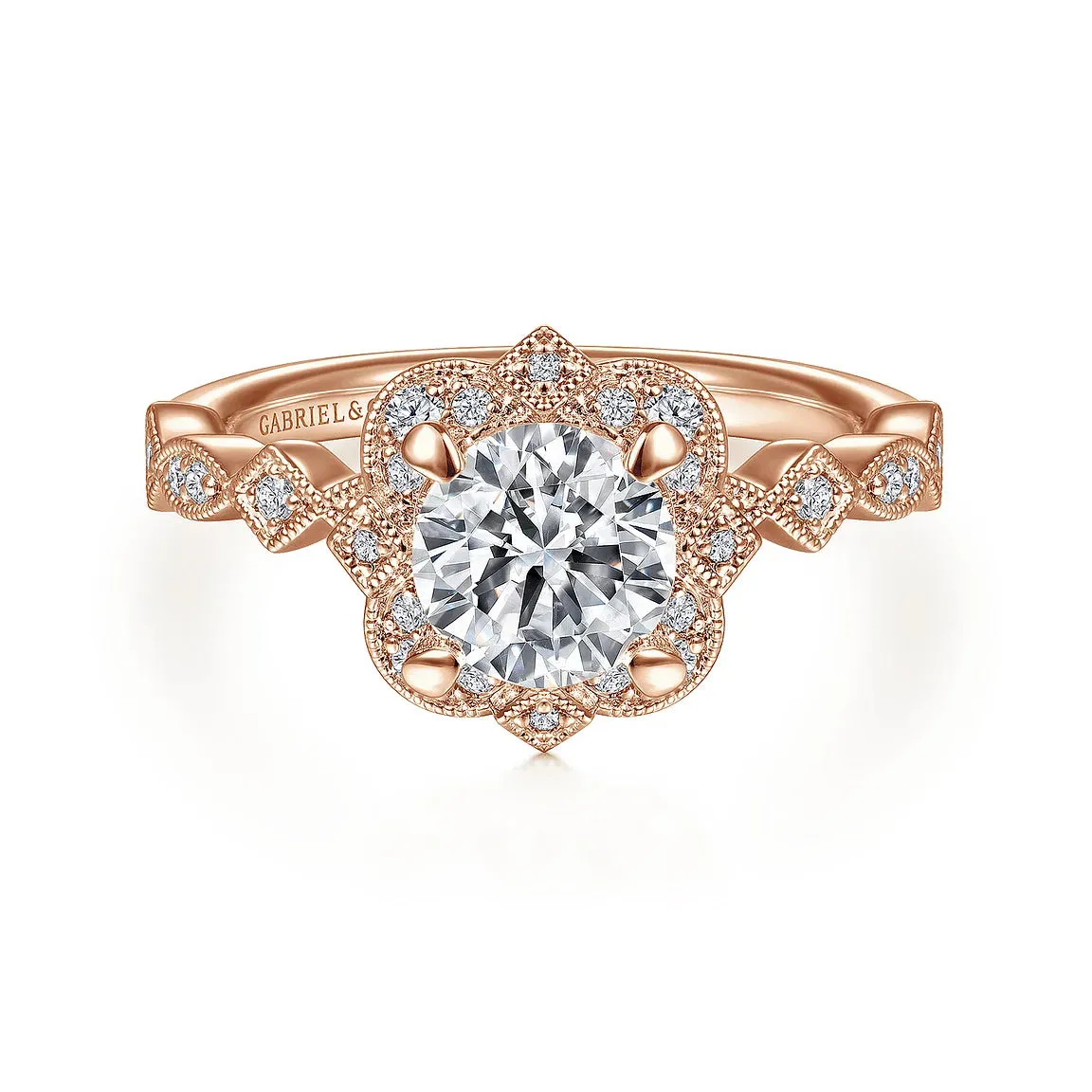 Vintage Inspired Fancy Halo Round Diamond Engagement Ring Mounting
