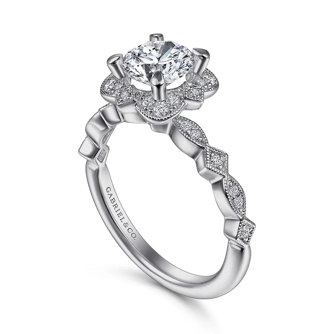 Vintage Inspired Fancy Halo Round Diamond Engagement Ring Mounting