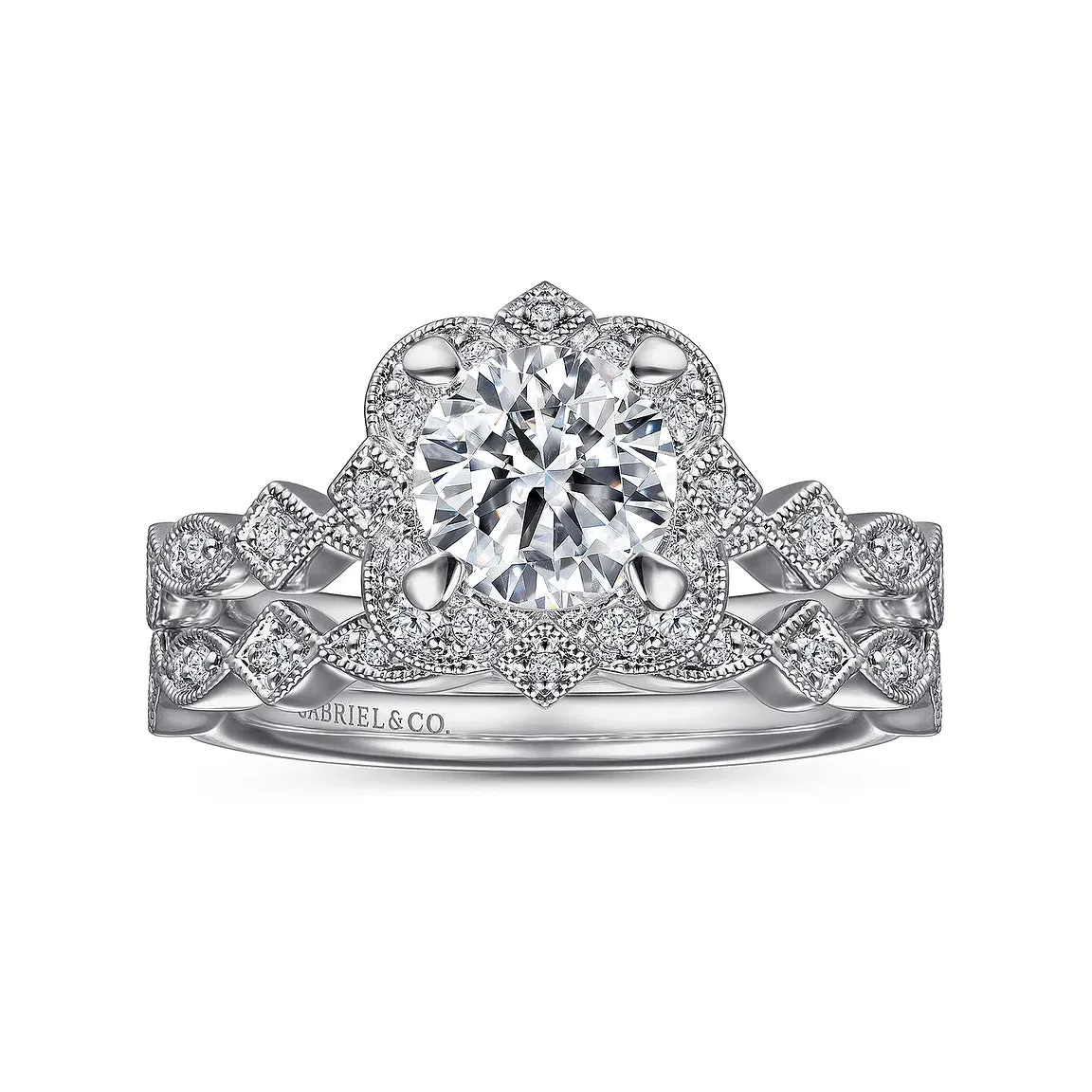 Vintage Inspired Fancy Halo Round Diamond Engagement Ring Mounting