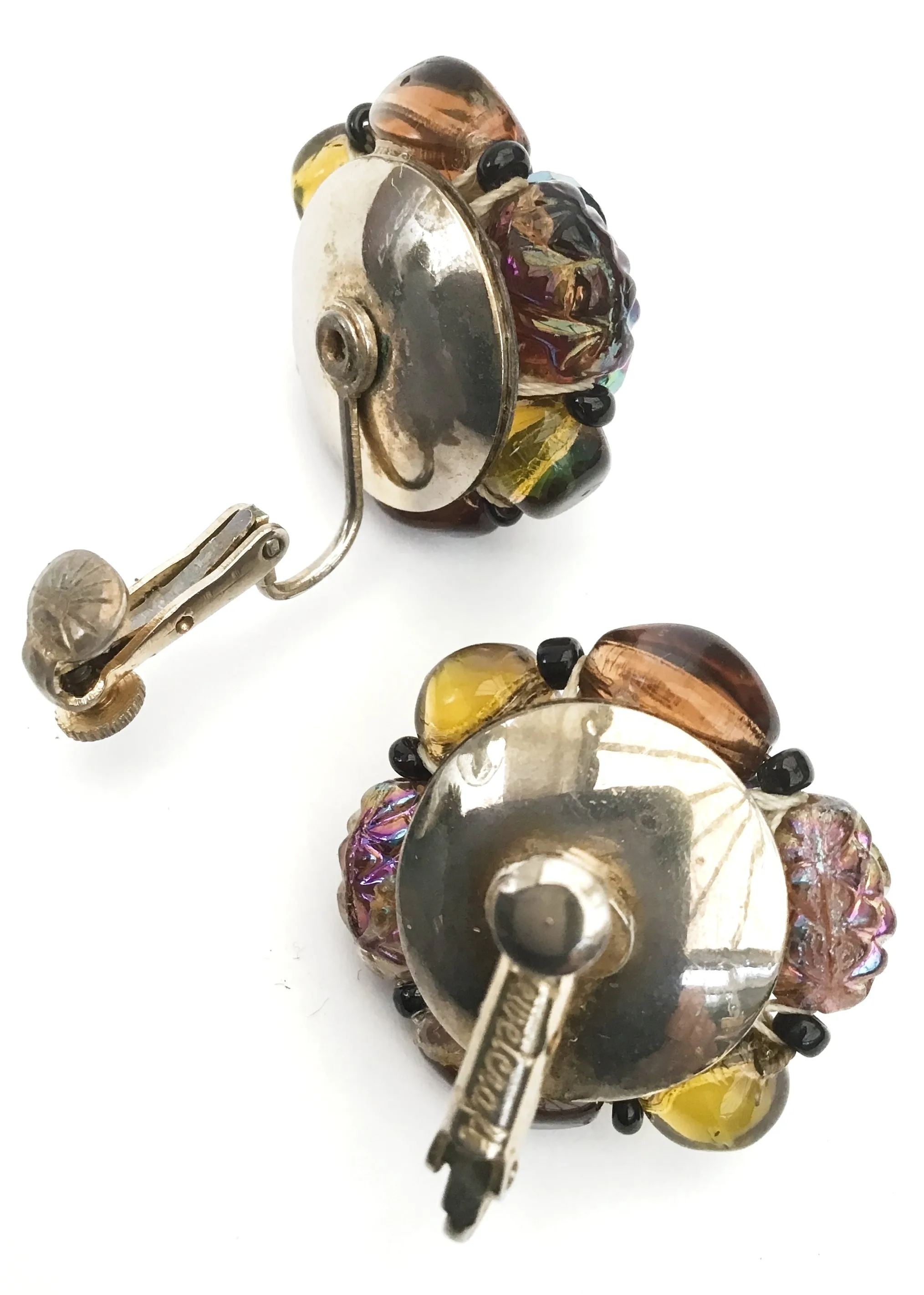 Vintage Jewelcraft Art Glass Bead Cluster Earrings • Clips