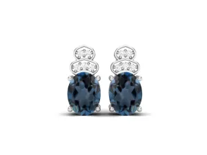Vintage London Blue Topaz Studs Earrings 925 Sterling Silver Solitaire Earrings