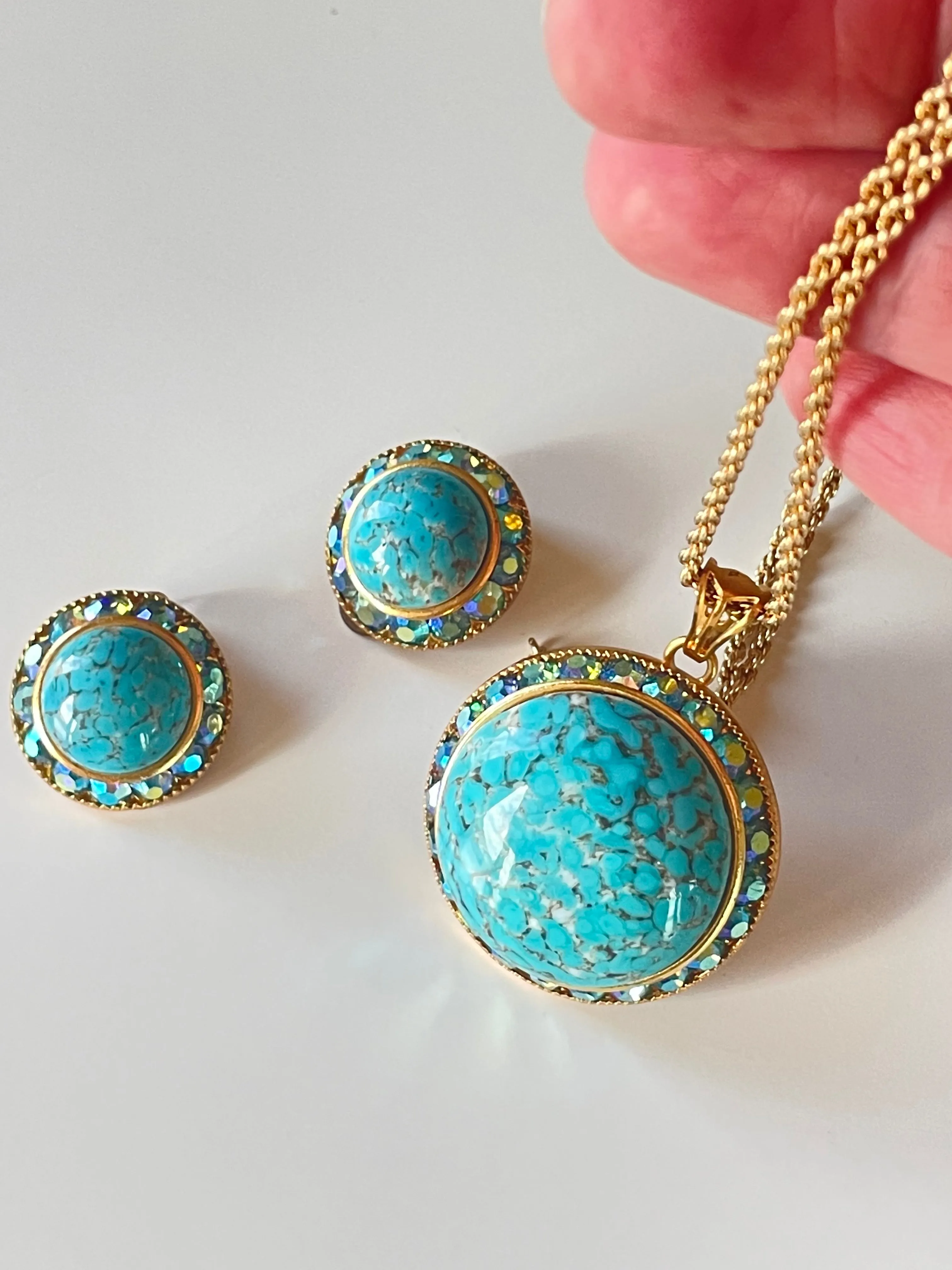 Vintage Necklace and Clip on Earrings in Turquoise Blue
