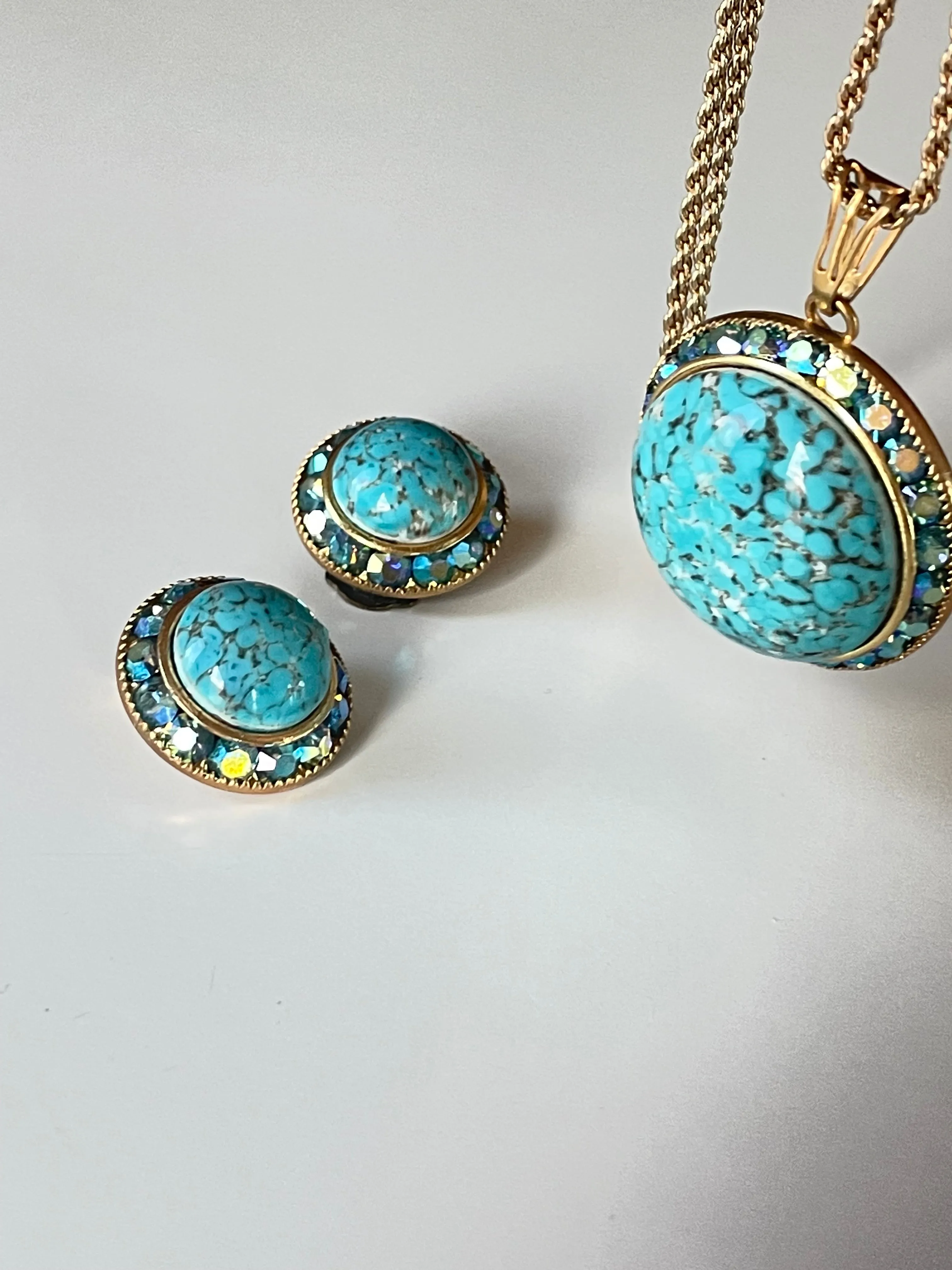 Vintage Necklace and Clip on Earrings in Turquoise Blue