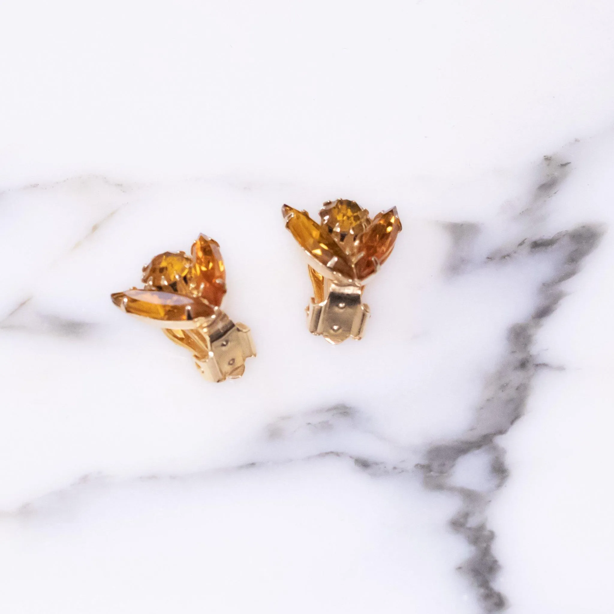 Vintage Petite Gold Rhinestone Earrings, Gold Tone Setting, Clip-on