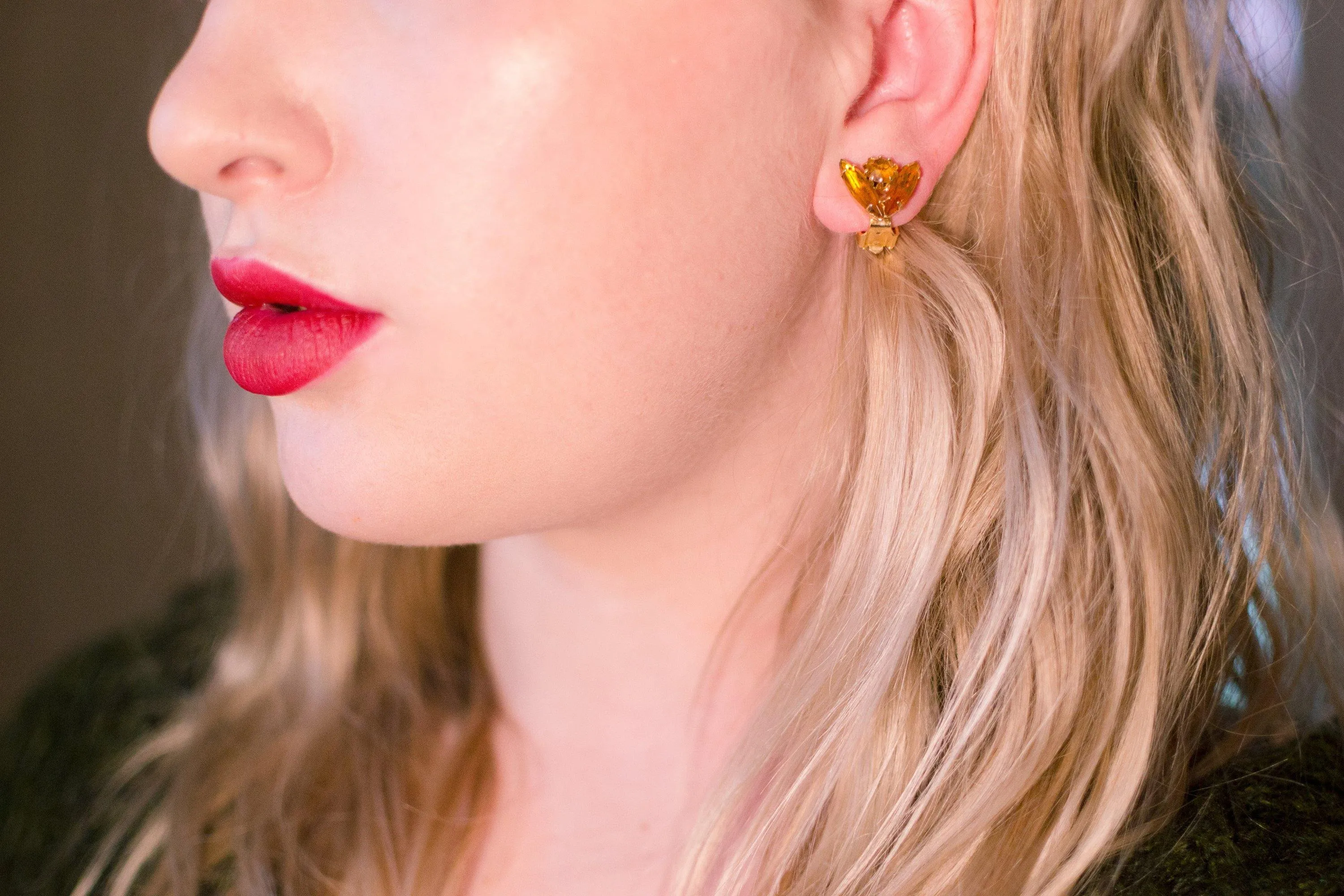 Vintage Petite Gold Rhinestone Earrings, Gold Tone Setting, Clip-on
